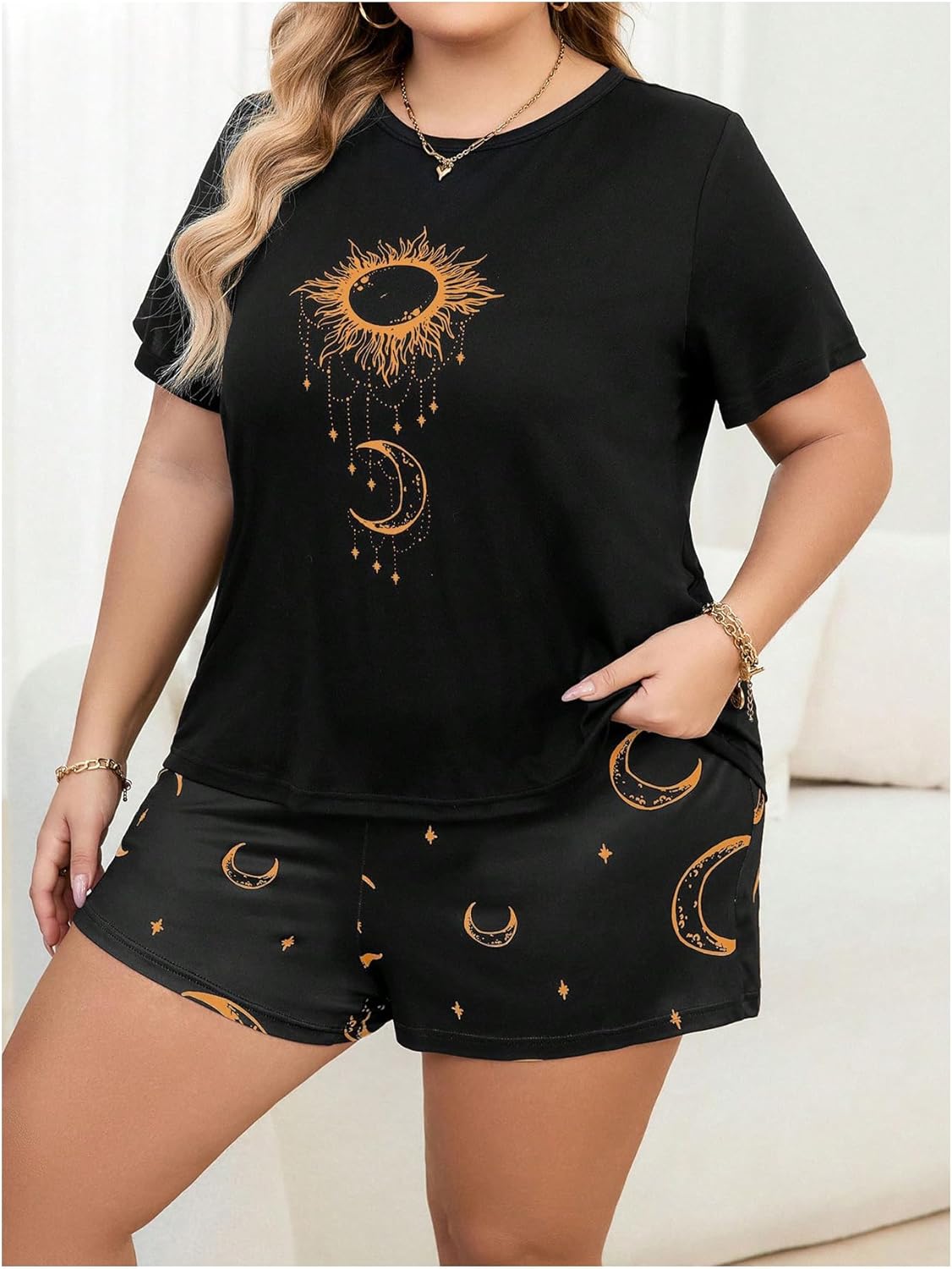 Women's Plus Size 2 Piece Pajama Set Sun Moon Print Crew Neck Short Sleeve Tee and Shorts Sleepwear - Image 4
