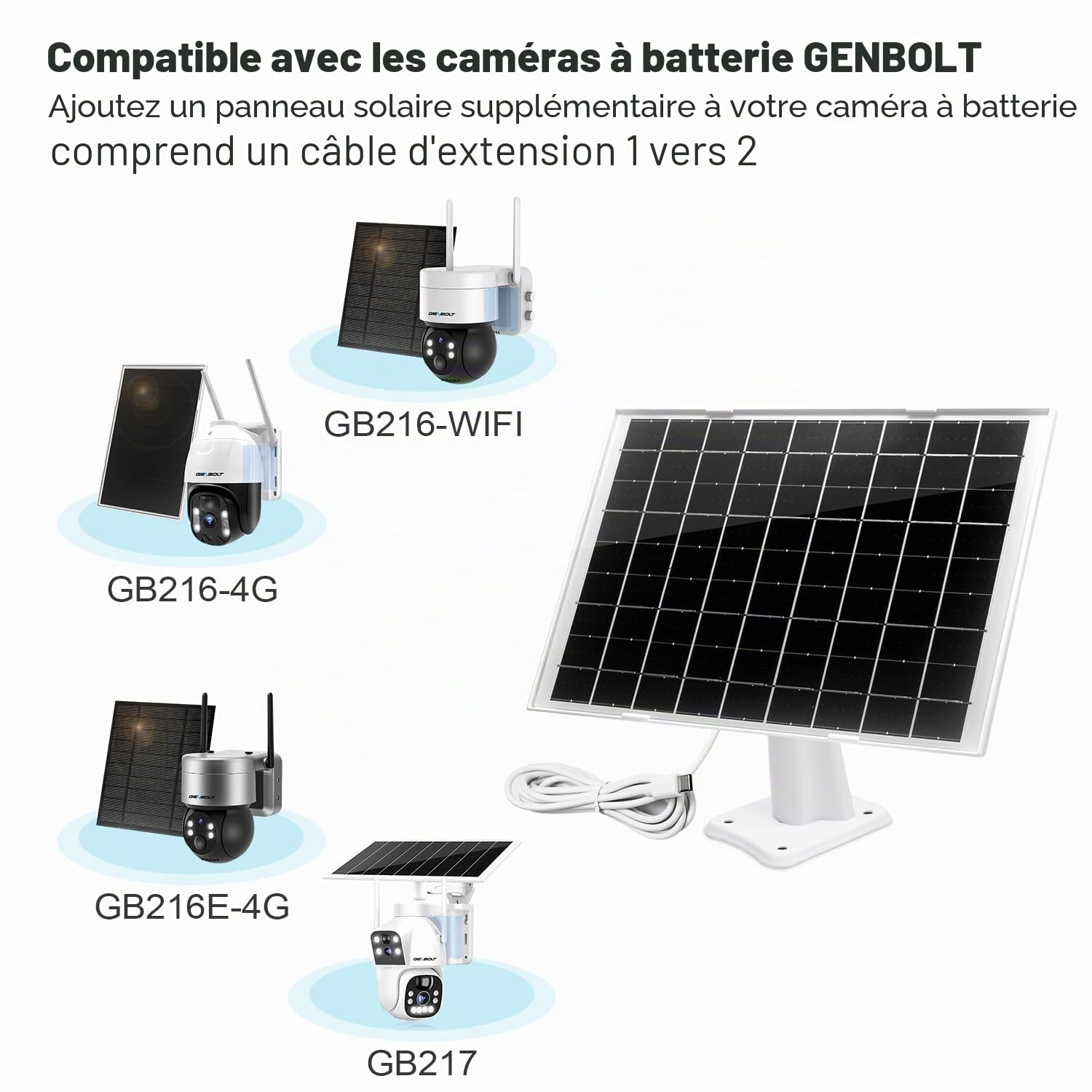 GENBOLT Panneau Solaire étanche, Fonctionne avec les caméras de surveillance sur batterie rechargeable, 7W/5V avec 4M Câble USB, prend en charge l'alimentation continue pour la caméra