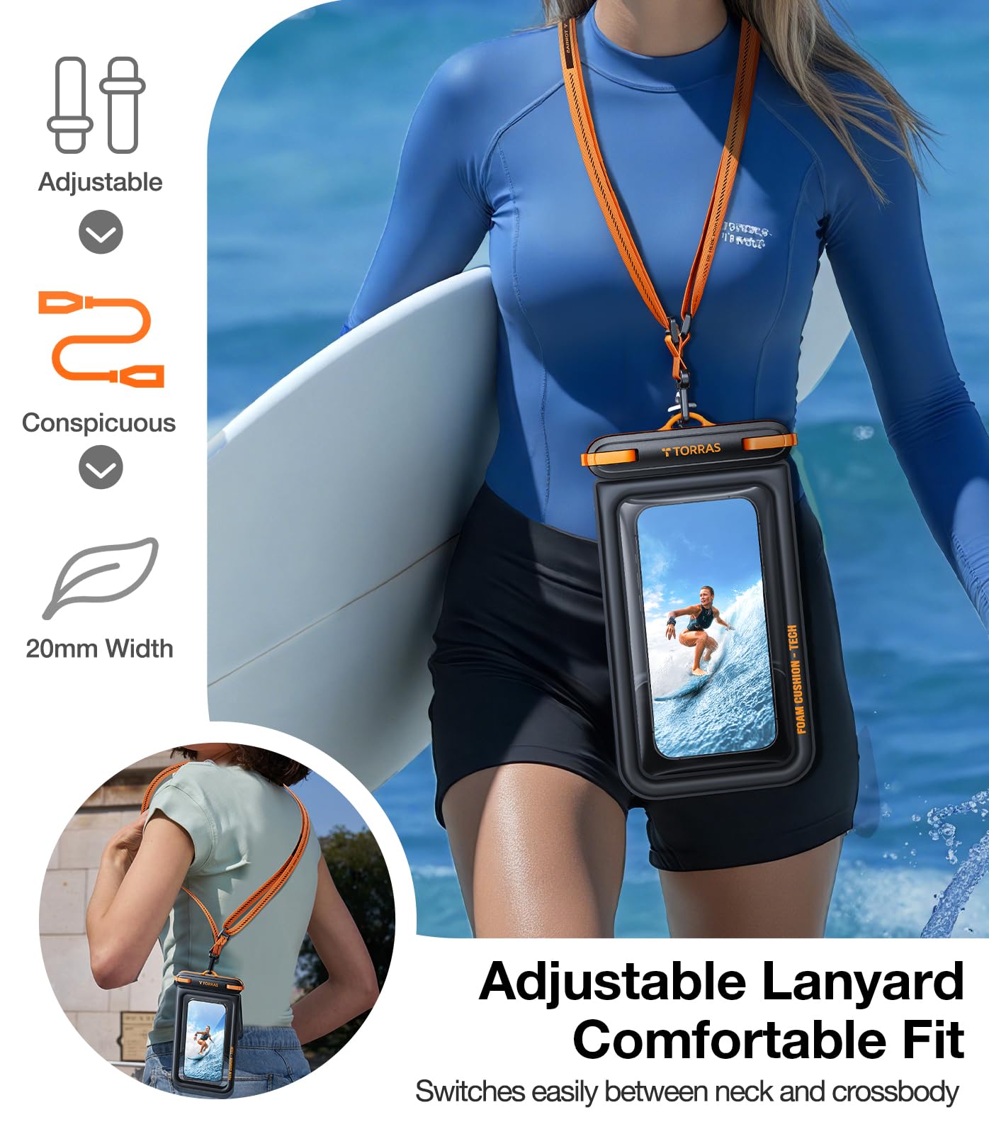 TORRAS Funda impermeable IP68 para teléfono con doble espacio, funda flotante impermeable con cordón para iPhone 17 Pro Max 16 15 S26 S25, bolsa seca para teléfono, vacaciones, crucero, viajes