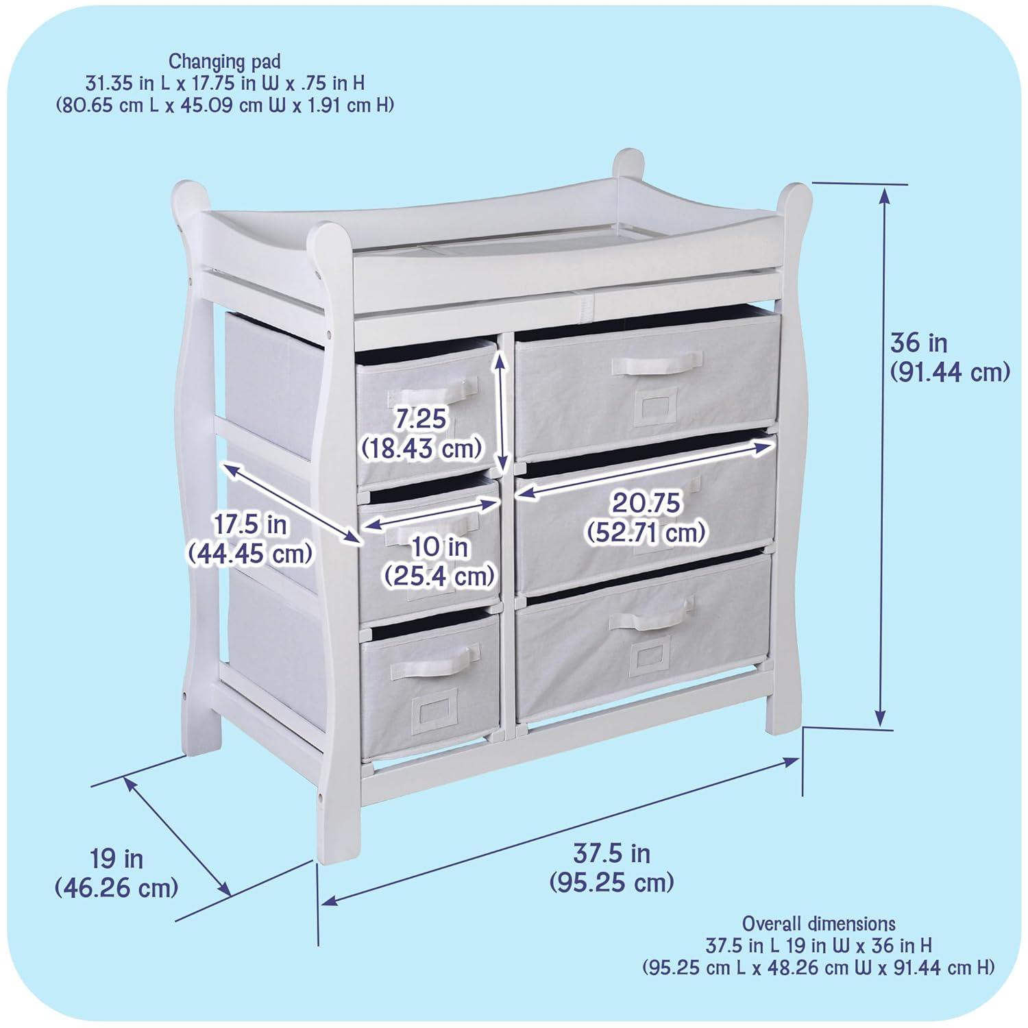 Badger Basket Sleigh Style Baby Changing Table with 6 Storage Drawers and Pad - White