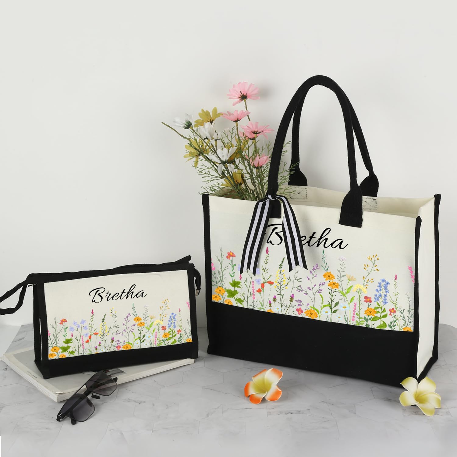 Personalized Canvas Tote Bag Makeup Bag Birthdays Gift Set for Women Mom Teacher Friend Bridesmaid Wedding Beach Gifts