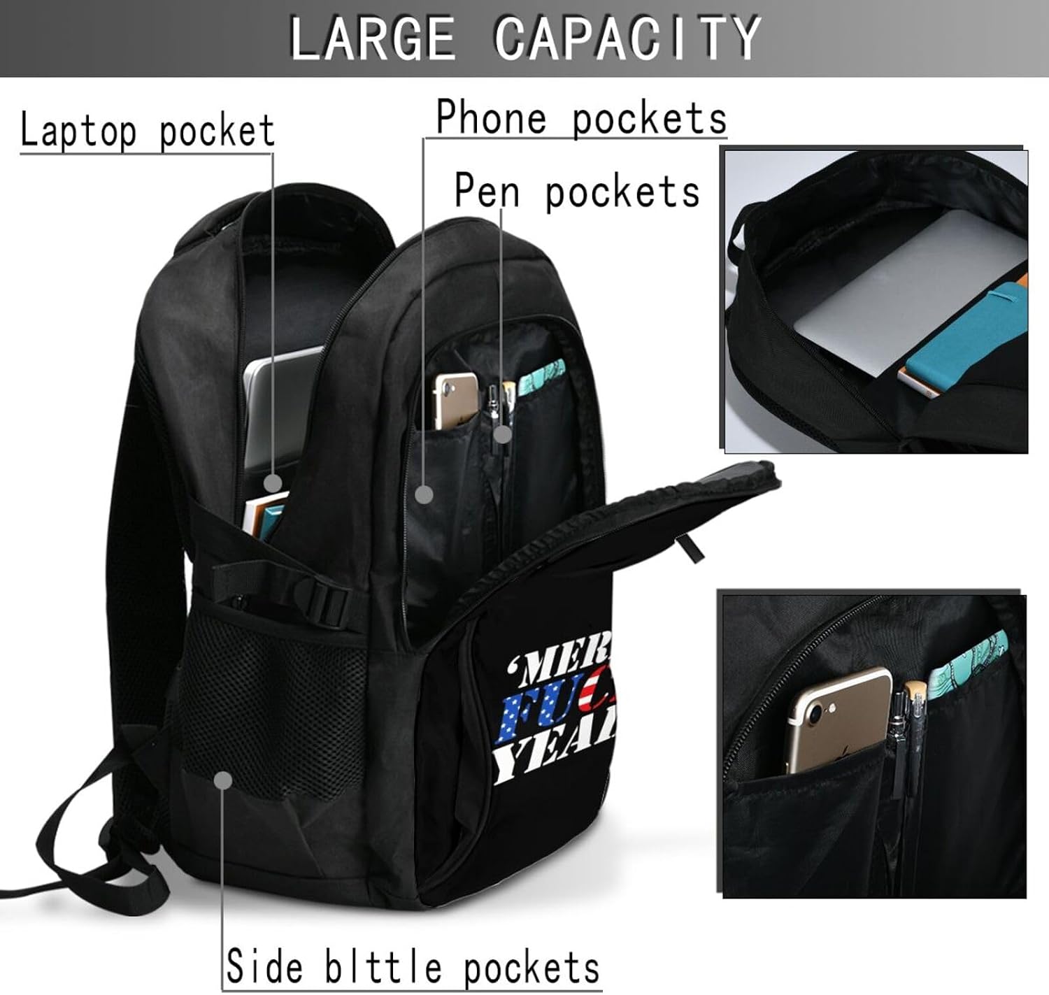 Merica Fuck Yeah Travel Laptop Backpack Bag with USB Charging Port Funny Gift 17 Inch Computer Business Backpacks for Women Men Work College,Casual Daypack,Black image 5