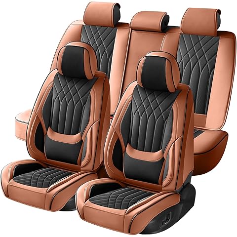 Car Seat Covers Brown Black Full Set, Luxury Faux Leather Waterproof Brown Car Seat...