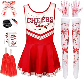 Halloween Zombie Cheerleader Costume Set Pantyhose Poms Stickers Fake Blood Gel Gloves Bow Hairpin Halloween Party