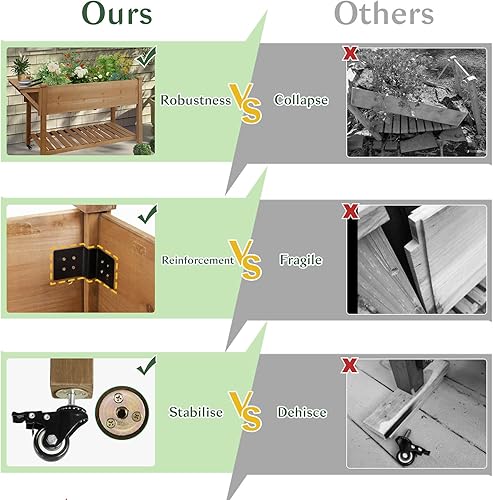 Miniatura 5 de Cama de jardín elevada para exteriores con ruedas con cerradura, maceta elevada de madera de 55 x 24 x 33 pulgadas para patio trasero, balcón,