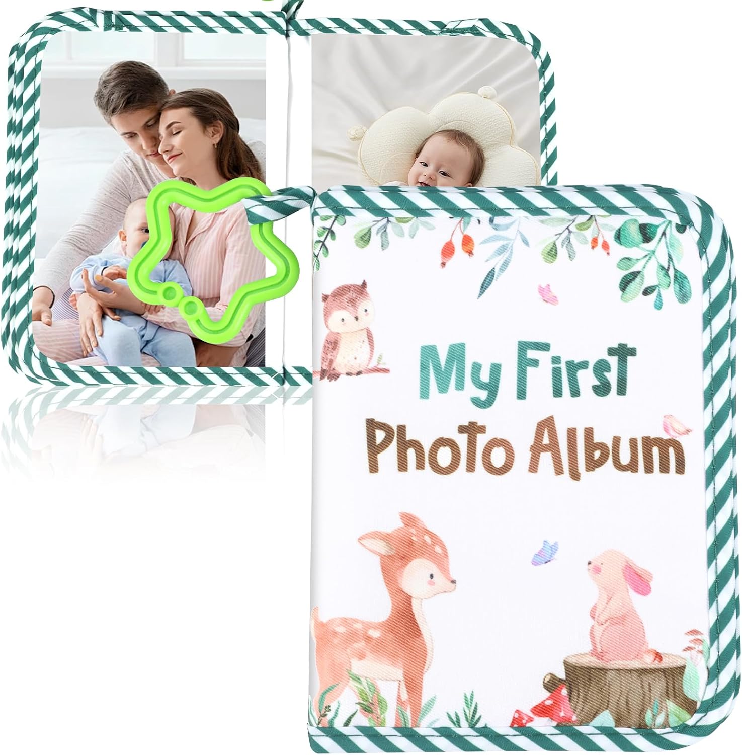 Baby Photo Album Soft Book My First Photo Book with Mirror, Toddler Family Memory Books Baby Photos Album Holds 17 6x4" Pictures, Keepsake Gifts for Family Newborn Babies Shower Green