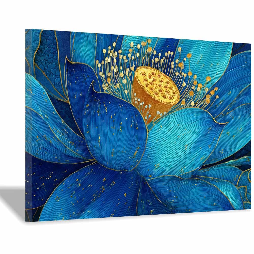 Xeniou Multicolor Flower Canvas Wall Art Teals Gold Lotuses Blooming Canvas Wall Art, For Living Room Bedroom Home Wall Decoration(Multicolor)-60X90cm Framed