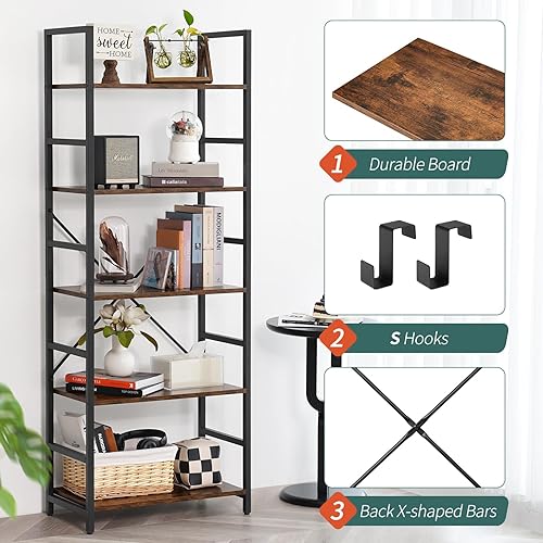 Miniatura 6 de Yoobure 5 Tier Bookshelf - Tall Book Shelf Modern Bookcase for CDsMoviesBooks, Rustic Book Case Industrial Bookshelves Book Storage Organizer for