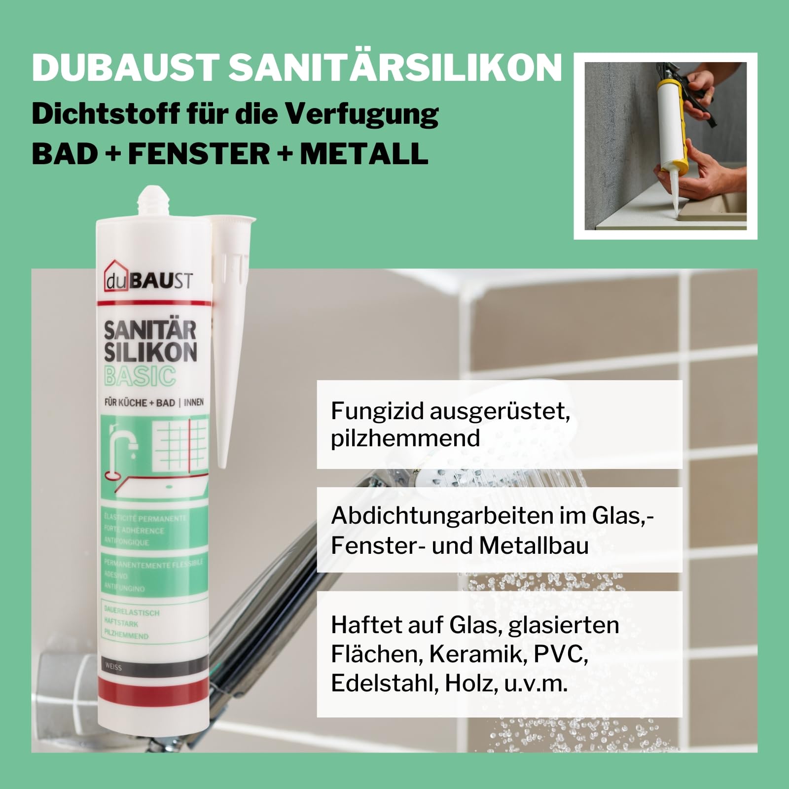 SAB24 Sanitärsilikon Basic elastisch dauernassbeständig schimmelresistent Bad Küche Dusche Feuchträume 300ml Kartusche (grau, 48)