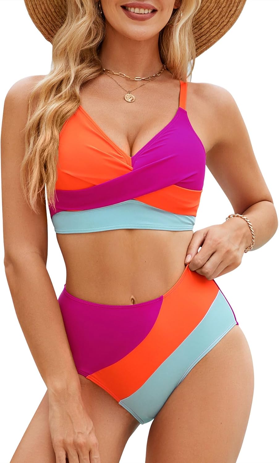 Zando Criss Cross High Waisted Color Block Bikini Set for Women 2025 - Two Piece Swimsuit Tummy Control Beach Swimwear Large Neon - Image 1 of 7