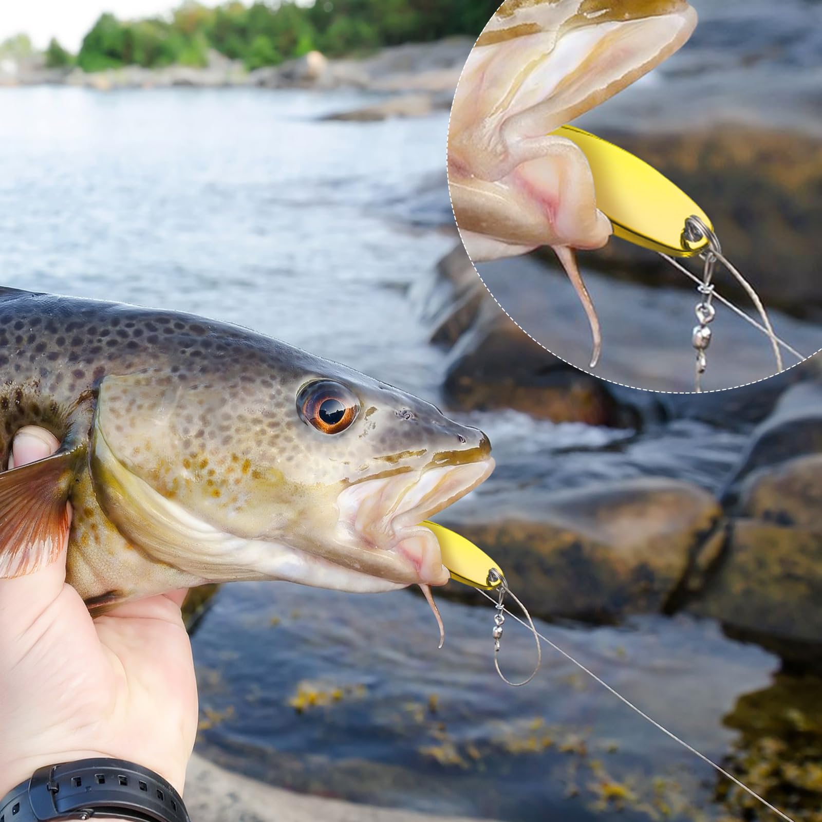 HESTYA Señuelos de pesca, cucharas de metal para pesca de agua salada, señuelos de trucha agudos, cebos giratorios de metal duro, 5 tamaños, ganchos de cuchara de fundición para salmón y lubina