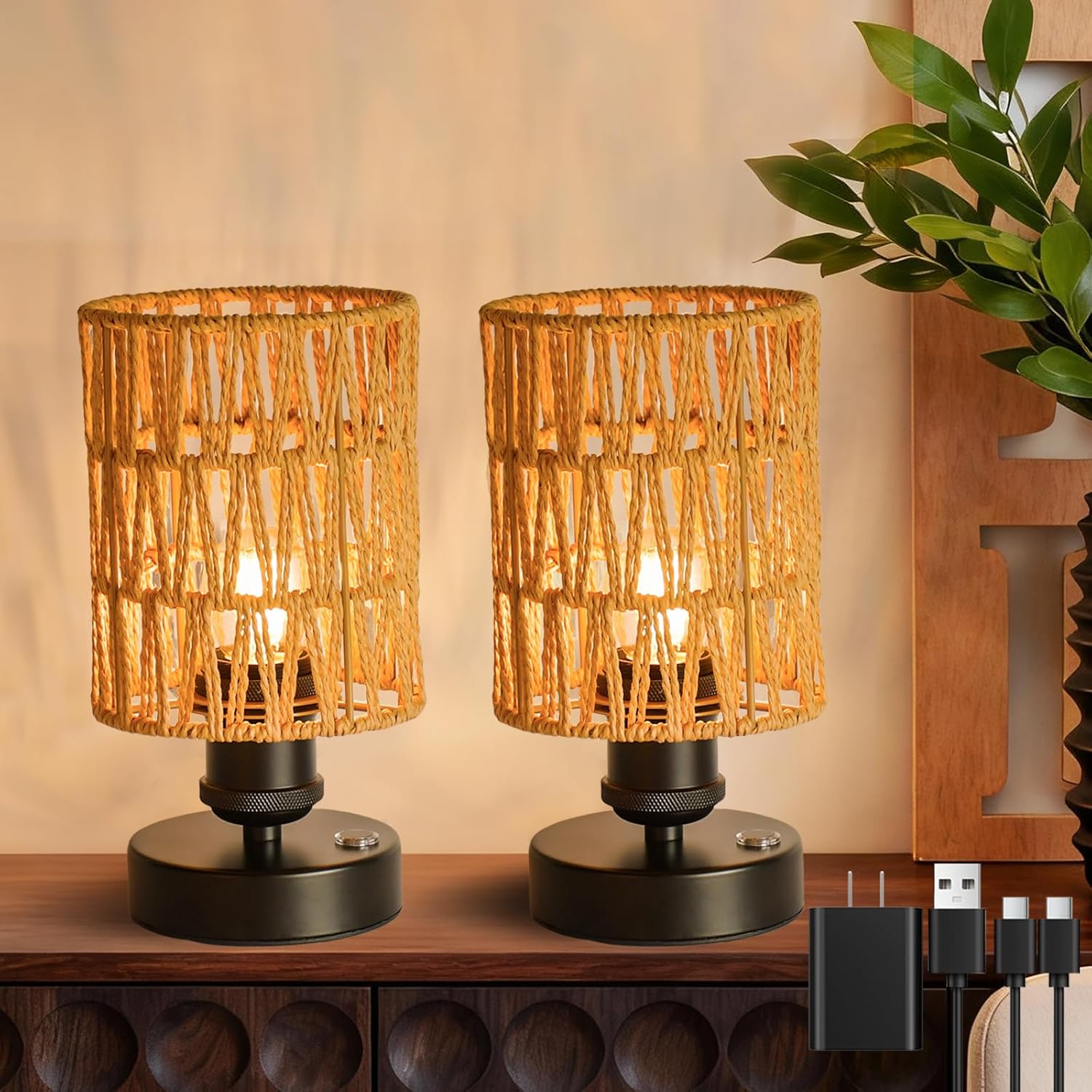 Touch Table Lamp Set of 2 For Bedroom with Bulb, Rechargeable Table Lamp with Hand-Woven Lampshade, Portable Desk Light, 3 Level Dimmable Bedside Lamp, Includes Data Cable and Charging Adapter, Beige