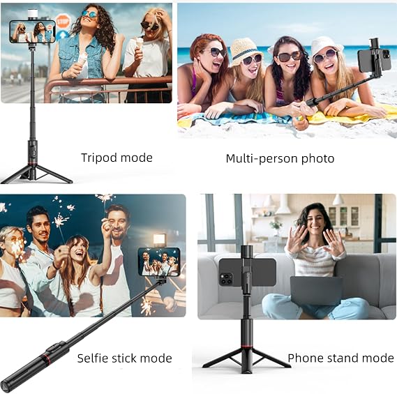 Selfie Stick Tripod, All in One Extendable Phone Tripod Stand with Fill Light Bluetooth Remote Lightweight and Portable for iPhone and Android Vlogging, Live Streaming