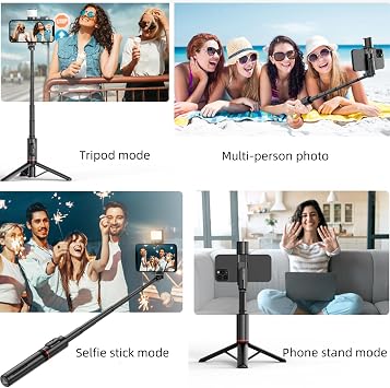 Selfie Stick Tripod, All in One Extendable Phone Tripod Stand with Fill Light Bluetooth Remote Lightweight and Portable for iPhone and Android Vlogging, Live Streaming