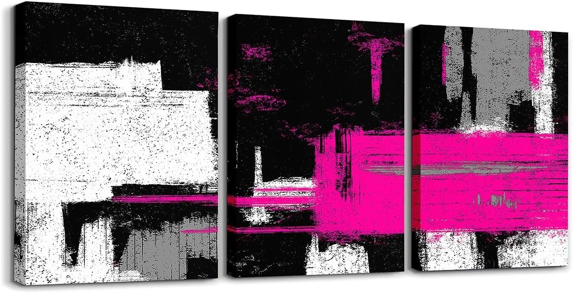 Feelyou Hot Pink Black White Office Decorations Artwork Posters for Kids Boys Girls Abstract Morden Painting 12x16 inch Buffalo Check 3 Piece Canvas Wall Art for Living Room Bedroom, Decor Geometric