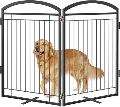 Full Metal Free Standing Dog Gate with Door for Indoor Outdoor, 48 Extra Wide 36 Tall Dog Gate for Doorways,Large Openings,Decks,Pet Puppy Freestanding Safety Fence2 Panels,Black