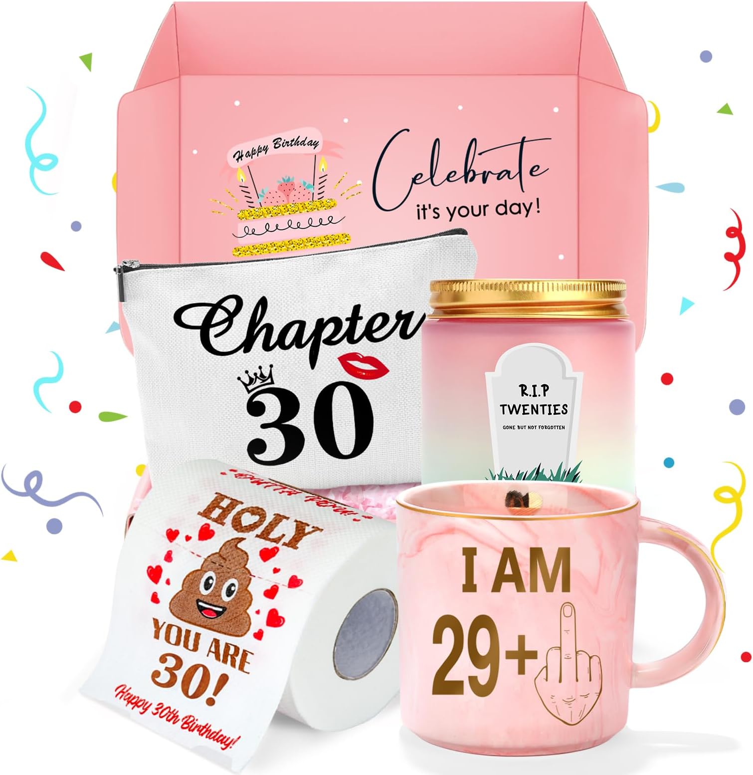 30th Birthday Gifts for Women 30 Year Old Birthday Gifts for Women Dirty Thirty Decoration for Her Gift Ideas for Woman 30s Funny Gift for 30 Year Old Woman - Coffee Mug Makeup Bag Candle Toilet Paper