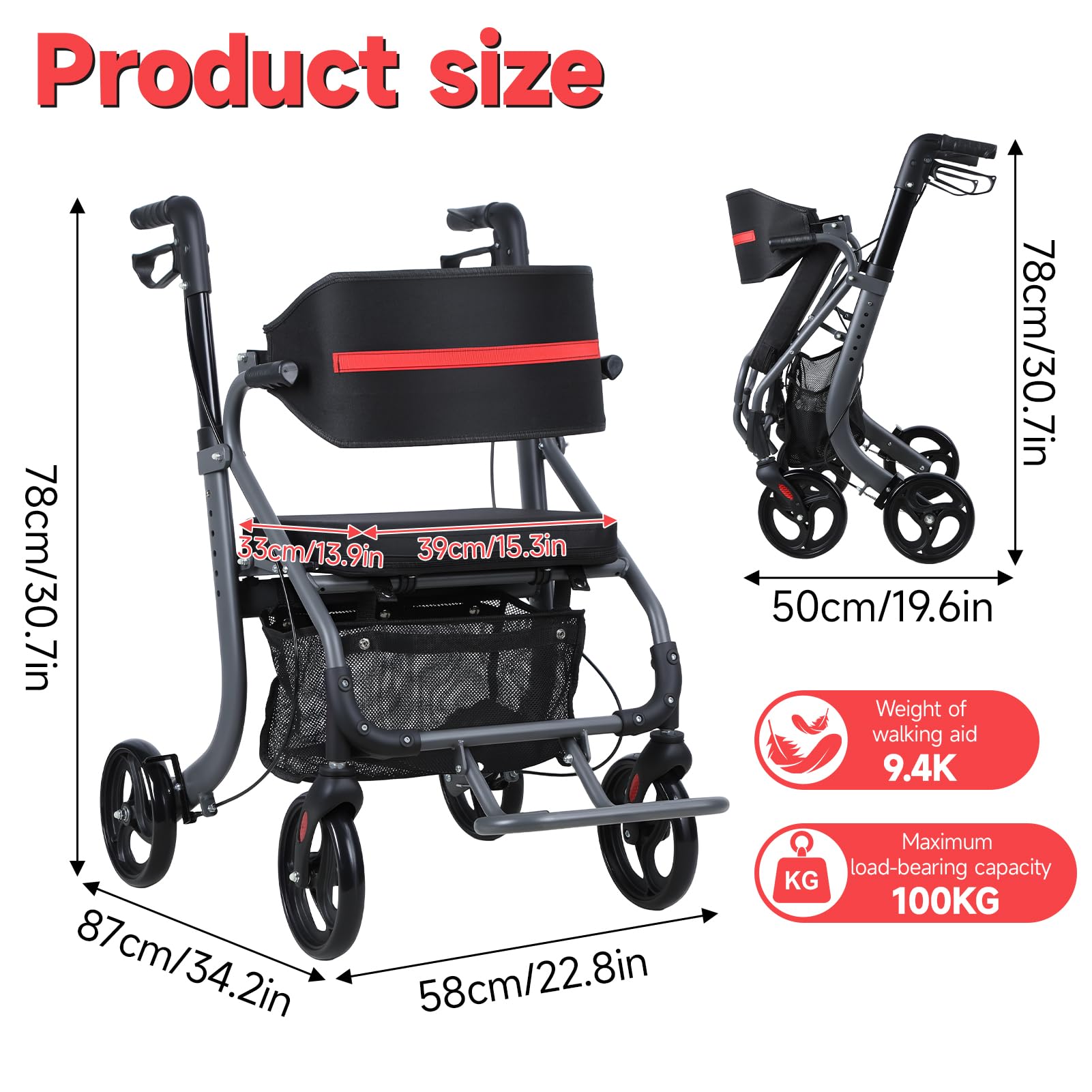 Składany chodzik dla seniorów, chodzik Walker z siedziskiem, torbą do przechowywania i gumowymi kółkami 8", nośność 100 kg, lekki chodzik dla seniorów (czarny)