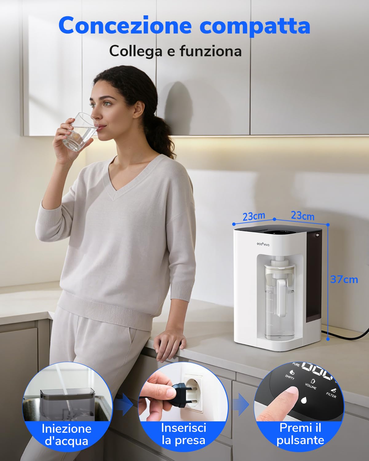 Ecoviva MATE 3 impianto per osmosi potabile, impianto ad osmosi inversa, 8 filtri contro nitrato e PFAS, filtro dell'acqua, nessuna installazione, rapporto di risparmio 3:1 e distributore d'acqua TDS