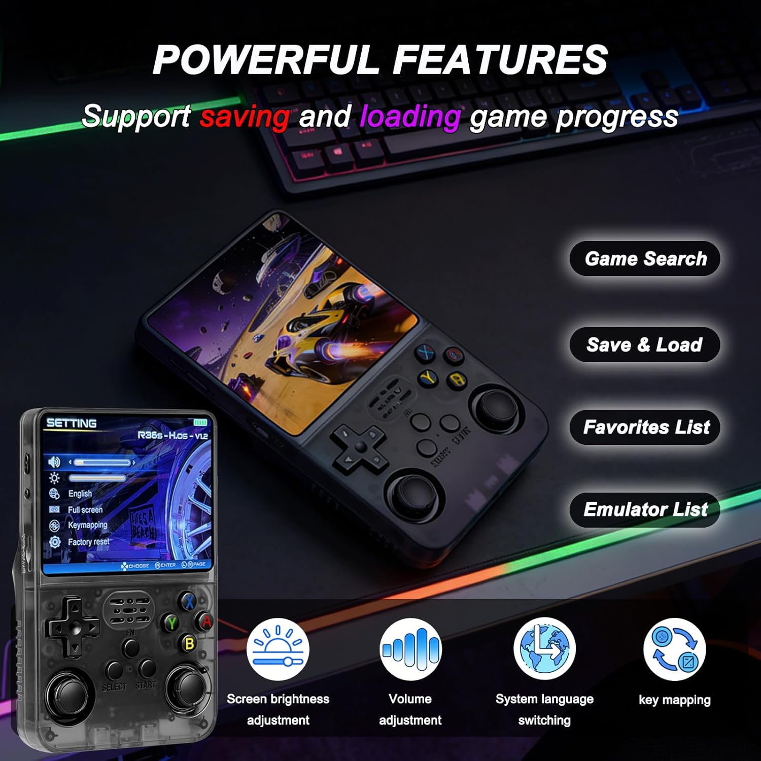 R36S Retro Handheld Game Console Built-in 20,000+ Classic Games and 15 Emulators, 3.6-Inch 640×480 IPS HD Screen, Linux System, 3500mAh Battery, Portable Video Gaming Console for Gifts (64GB Black)