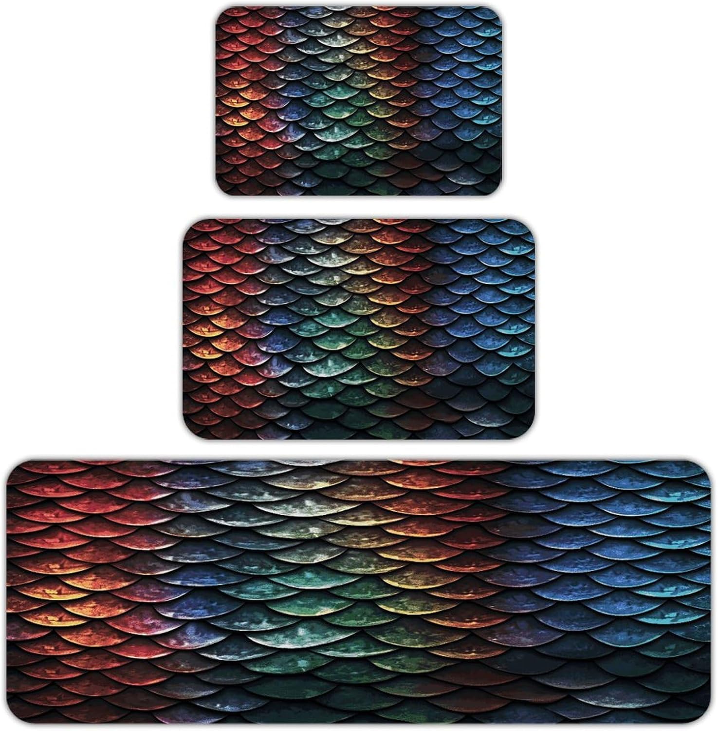 Dragon Scale Kitchen Rugs Set of 3 Non Slip Washable Kitchen Mats for Floor Soft Area Rug Kitchen Floor Mat Cushioned Anti Fatigue Mats Standing Sink Mat Decor Runner Rugs