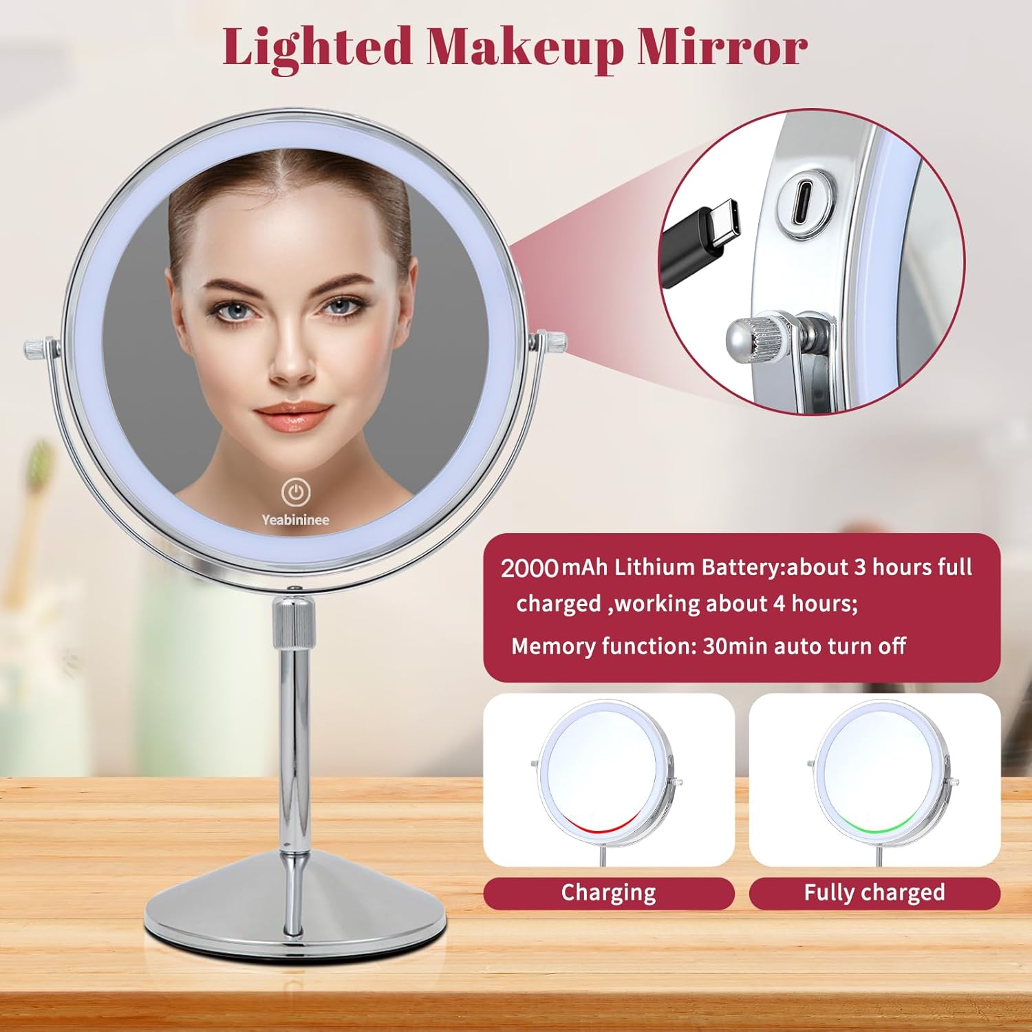 Height Adjustable Makeup Mirror - 8 Inch Lighted Vanity Mirror with 1X/7X Magnification and Rechargeable Lights