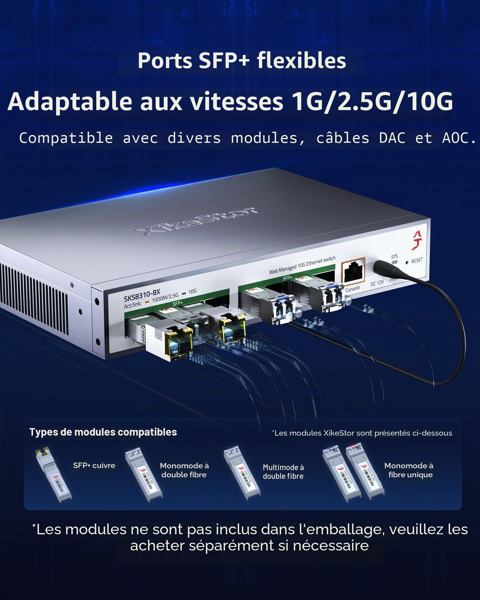 Commutateur géré L3 10G 8 Ports SFP+, Prend en Charge Les modules 1/2.5/10G, Bande passante 160 Gbit/s, agrégation de Liens, VLAN/DHCP/QoS, Refroidissement Intelligent du Ventilateur | 8 ports SFP+ 10G | Link Aggregation/QoS/VLAN/IGMP, montage mural, band