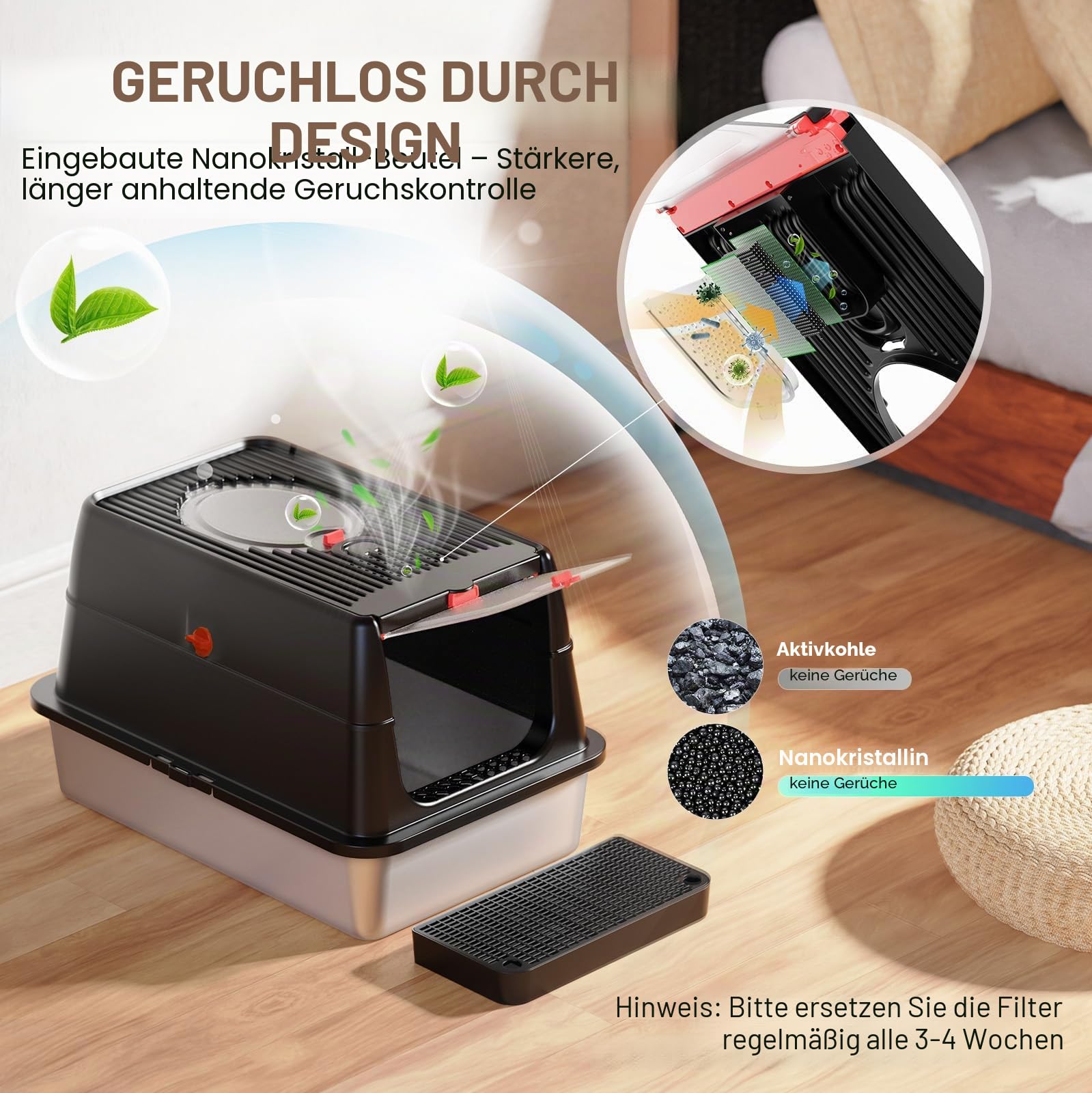Edelstahl Katzenklo XXL aus V2A – 62 cm Geschlossene Katzentoilette mit 160° Klappdeckel, 3-in-1 Design für Stehpinkler & große Katzen, hoher Rand auslaufsicher, inkl. Schaufel und Trittstufe