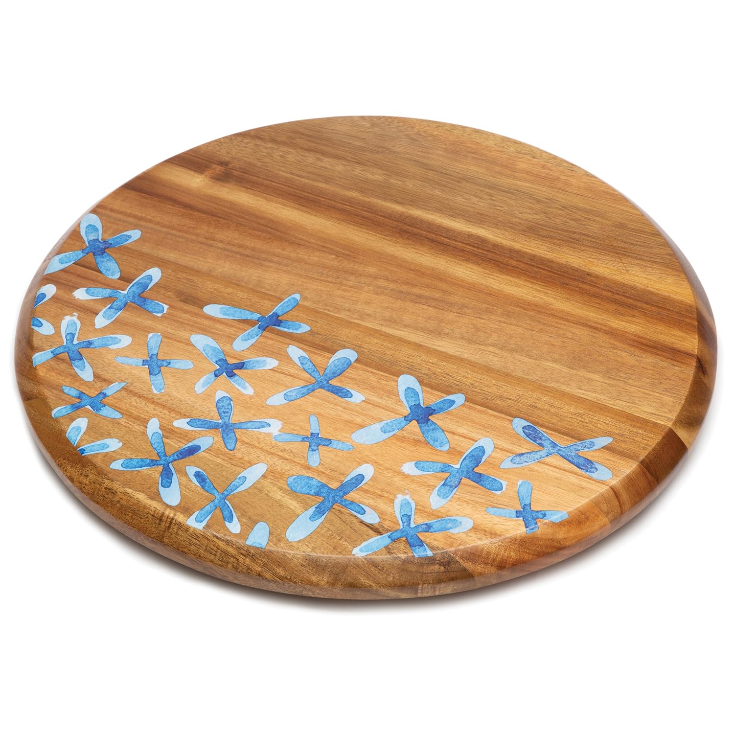 Thirstystone Acacia Wood Lazy Susan Turntable with Decorative Blue Floral Design 14