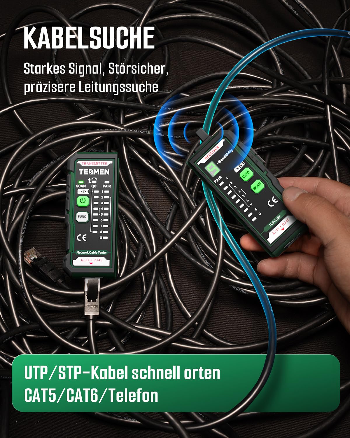 TESMEN TLP-528C Netzwerkkabeltester, RJ11/RJ45, Kabelsuchgerät mit Toner für CAT5/CAT6, Durchgangs- & QC, LAN- & Telefonfinder, ideal für Kabelwartung und -sortierung – Grün