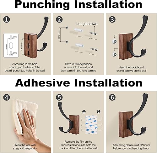 Miniatura 6 de LECHYN Paquete de 6 ganchos de pared de madera para colgar, montaje en adhesivo y montaje en pared, ganchos de madera natural para toallas, ropa,