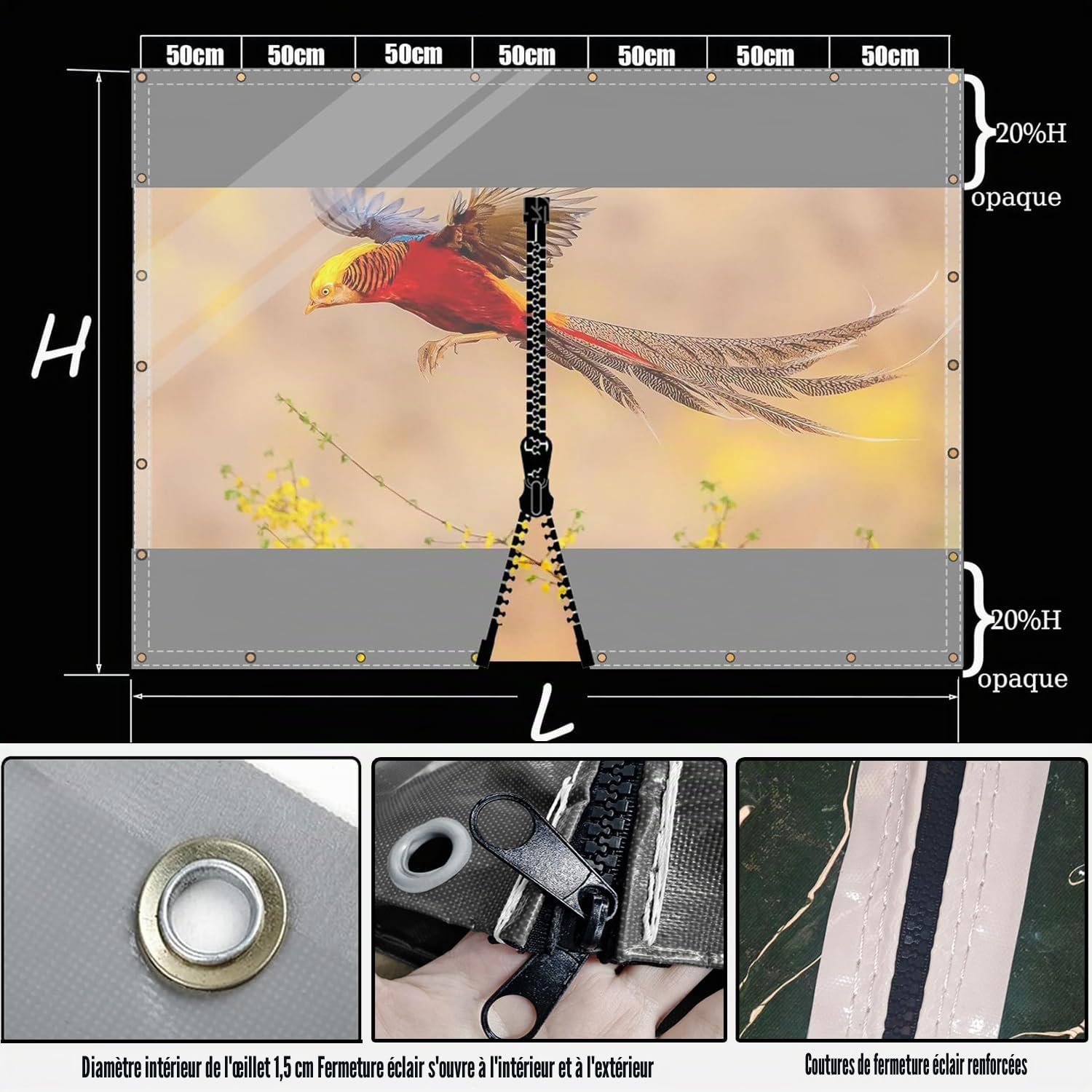 Rideaux de séparation Transparents avec œillets, en PVC - 0,5 mm - pour Pavillons, pergola, balcons, Jardins, Garage, Potence - 2 x 2,2 m (H x L) - Gris - avec 1 Fermeture éclair