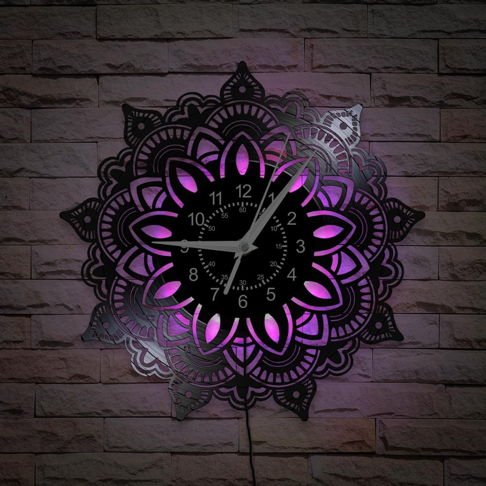 TIMEGLOW Lotus Flower Mandala Wall Clock, 7 Kinds of LED Color 12 Inch Yoga Studio Wall Clock, Silent Non Ticking Modern Decorative Vinyl Record Night