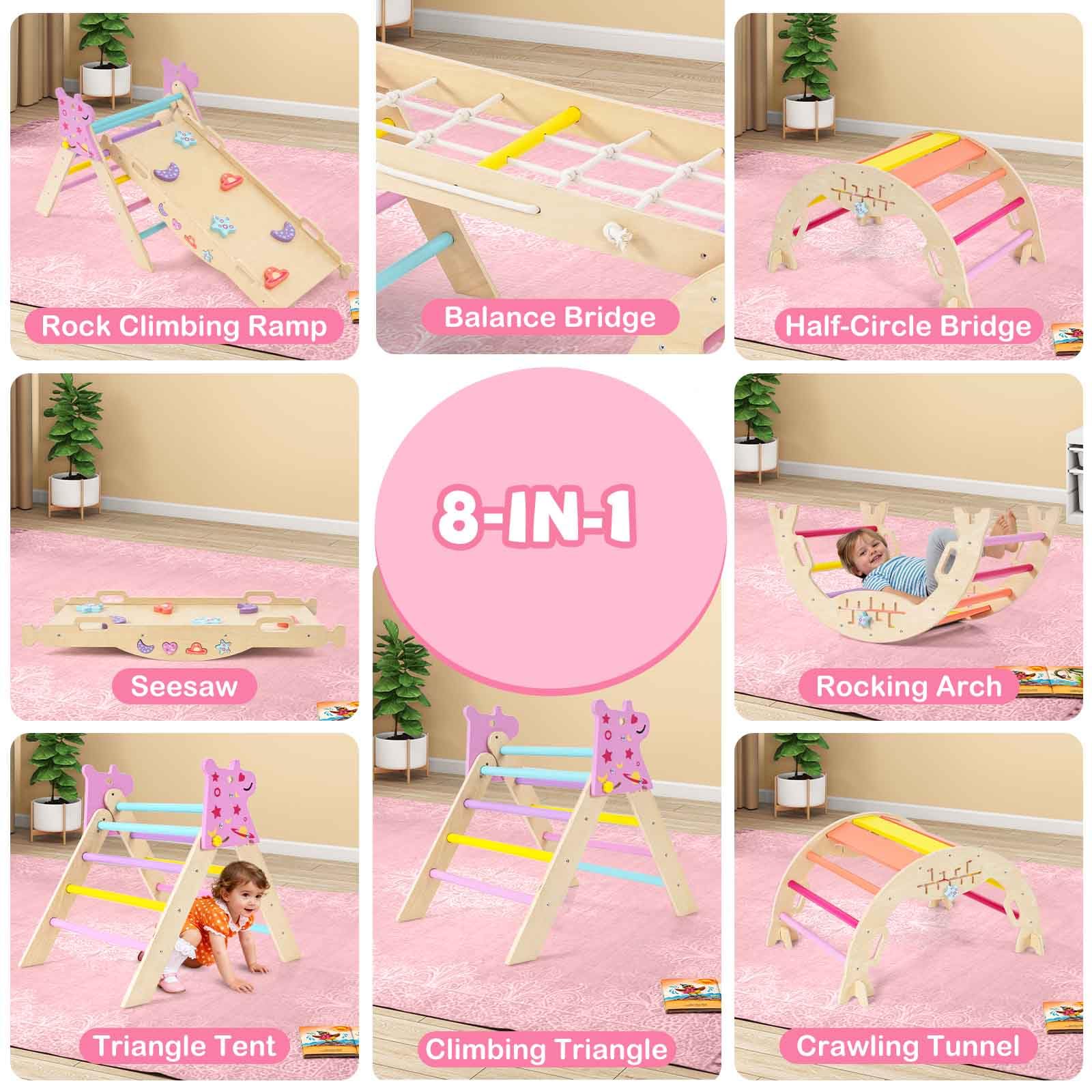 HOMASIS 4 en 1 Triangle à Grimper Montessori, Cadre d'escalade avec Arche, Rampe, Corde & Échelle, Aire de Jeux Éducative pour Enfants 3 Ans+ (Licorne, Couleur)