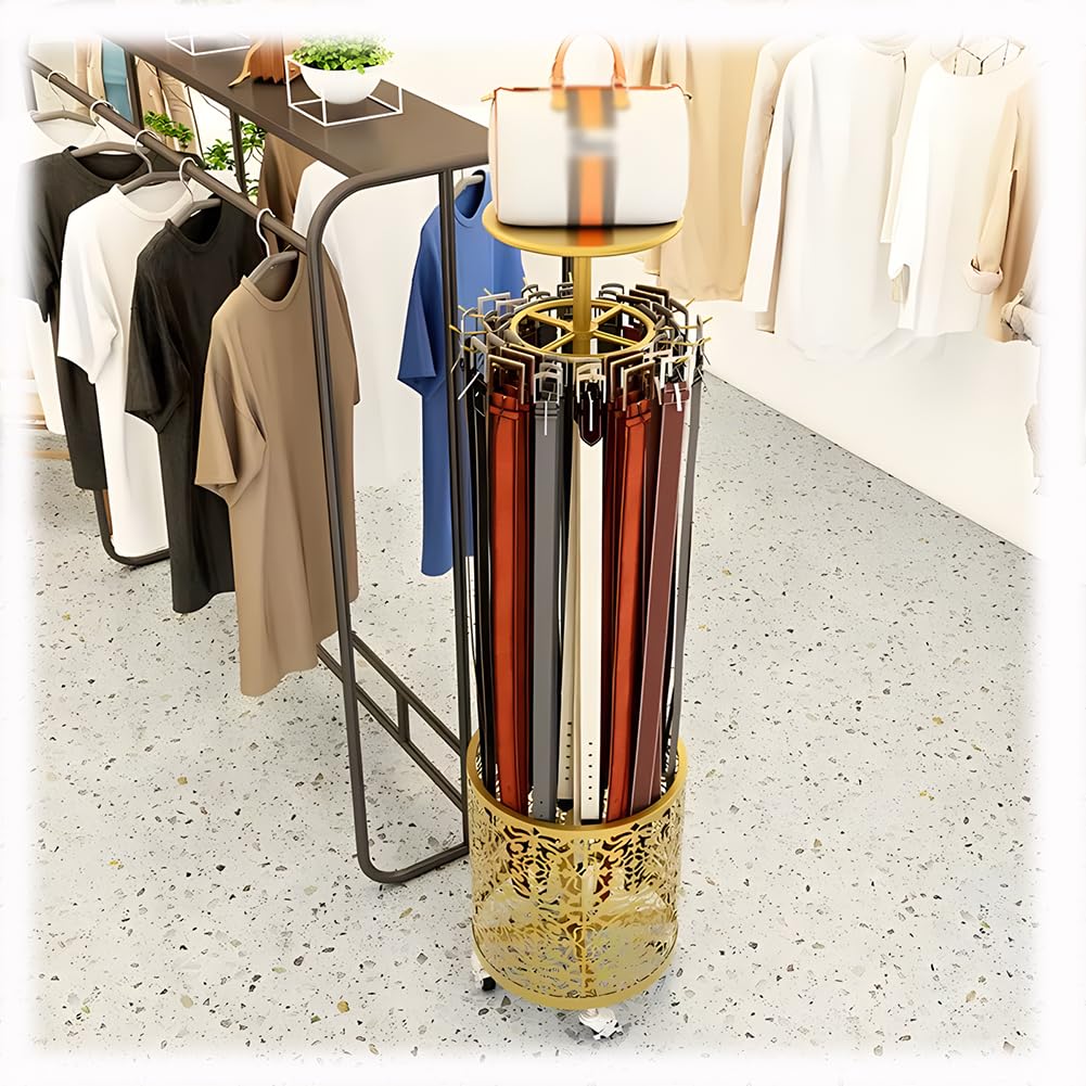 Zfmnoyev Floor Standing Belt Storage Rack with Wheels, 360° Rotation Metal Rack Hanger Organizer, Multi-Functional Handbag Tie Retail Shelves, Space Saving