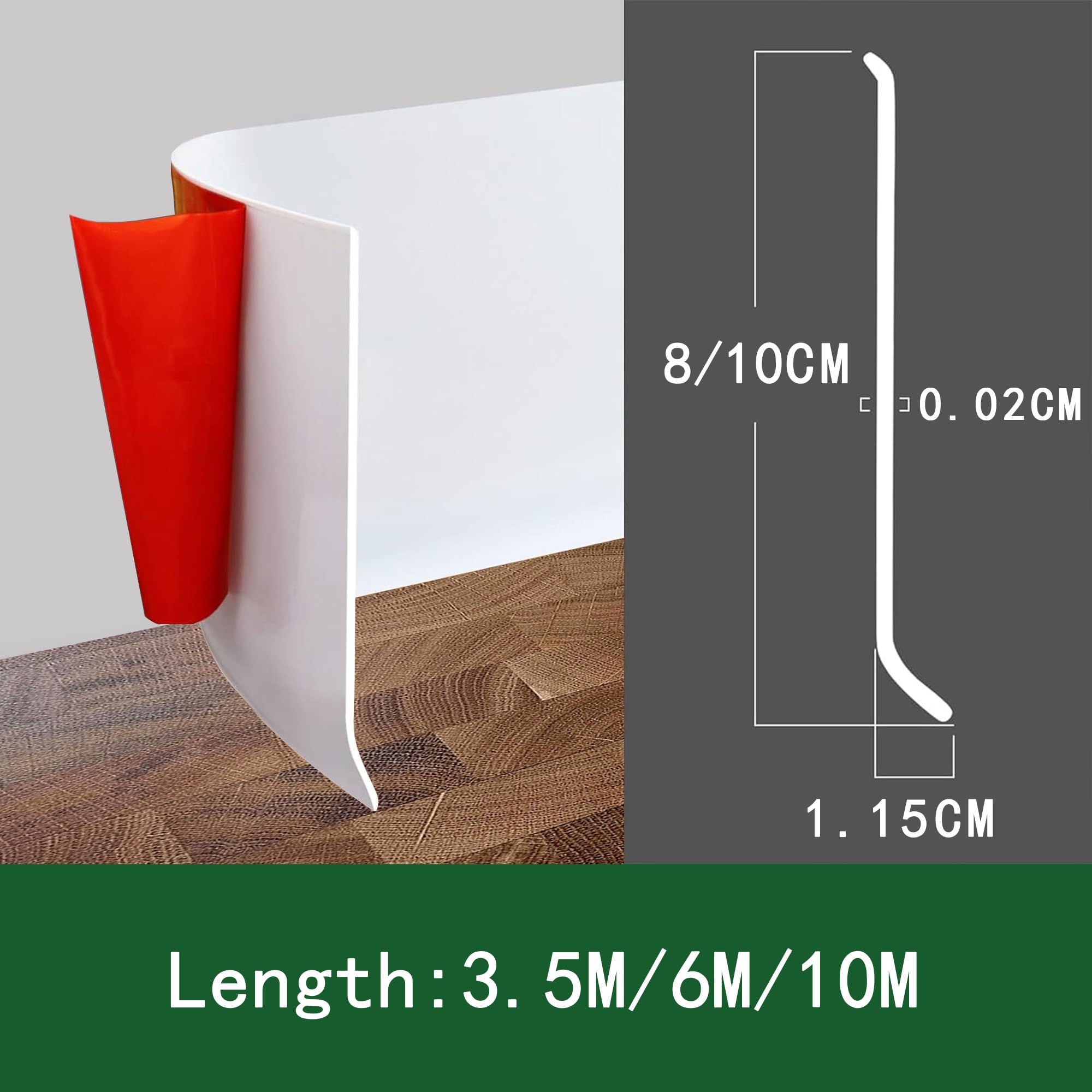 Rodapies Autoadhesivo PVC, 3.5/6/10 M Flexible Rodapie Adhesivo, Zocalos Pared, Rodapie Apto Para Cocina, Sala de Estar y Baño, Ancho 8/10 cm (Blanco, 8cm x 3.5 metros)
