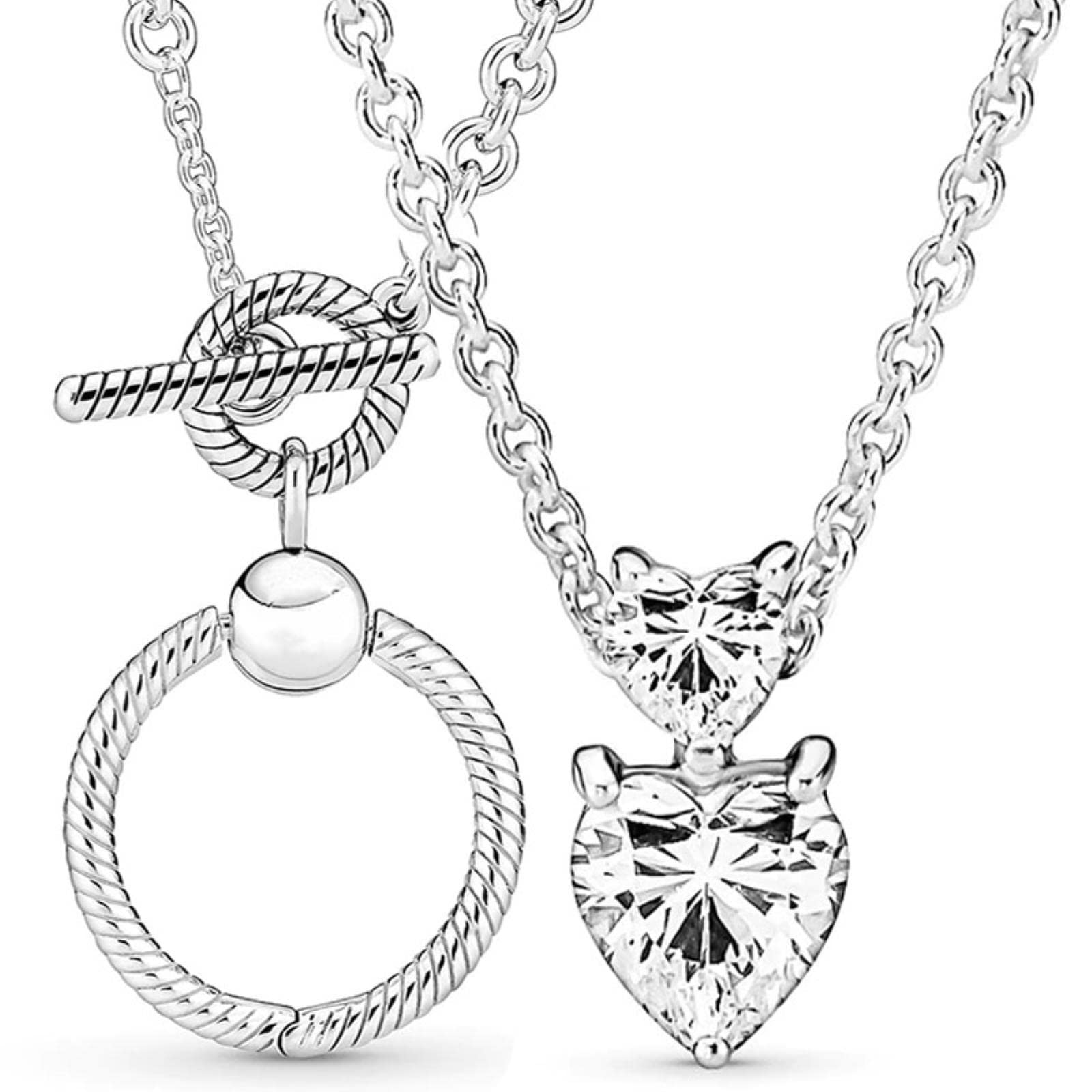 Damen Maßgeschneiderte zierliche Anhänger Kette Halskette Schmuck Halskette Funkelnde Doppel Herz Krone O Anhänger T-Bar Halskette-1