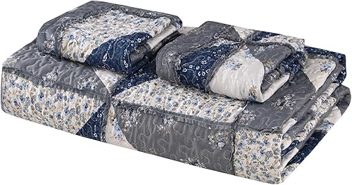 Miniatura 8 de Juego de edredón de retazos de tamaño matrimonial y queen, juego de colcha reversible reversible con estampado floral gris, juego de ropa de cama de
