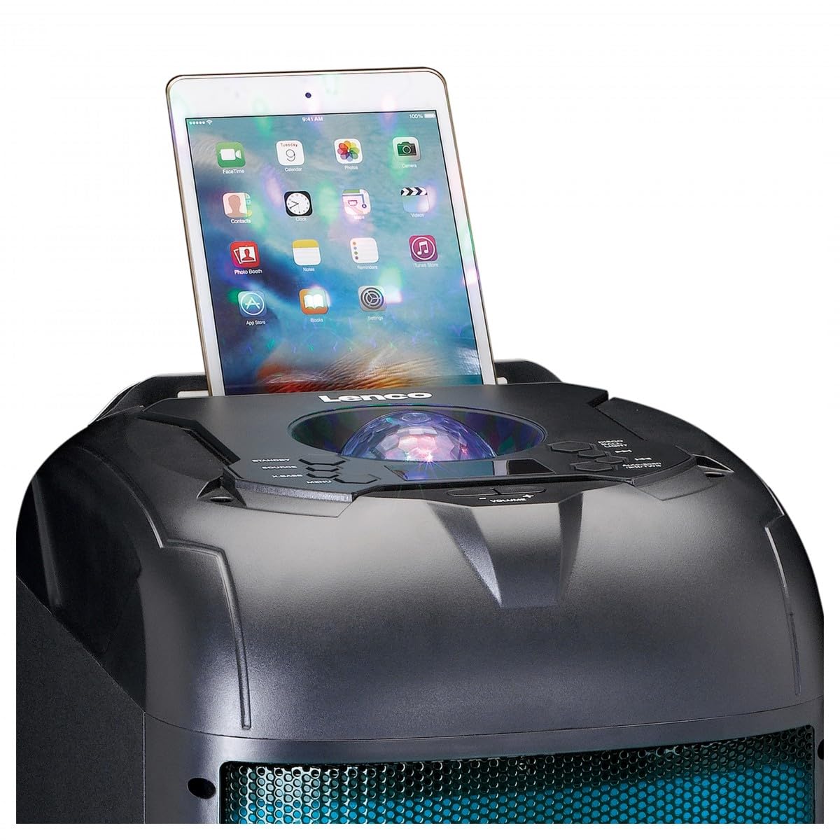 Lenco PA-101BK Altavoz Bluetooth Party Speaker – Altavoz Music Box – Caja portátil 100 W RMS, luz de Discoteca, reproducción USB – Negro