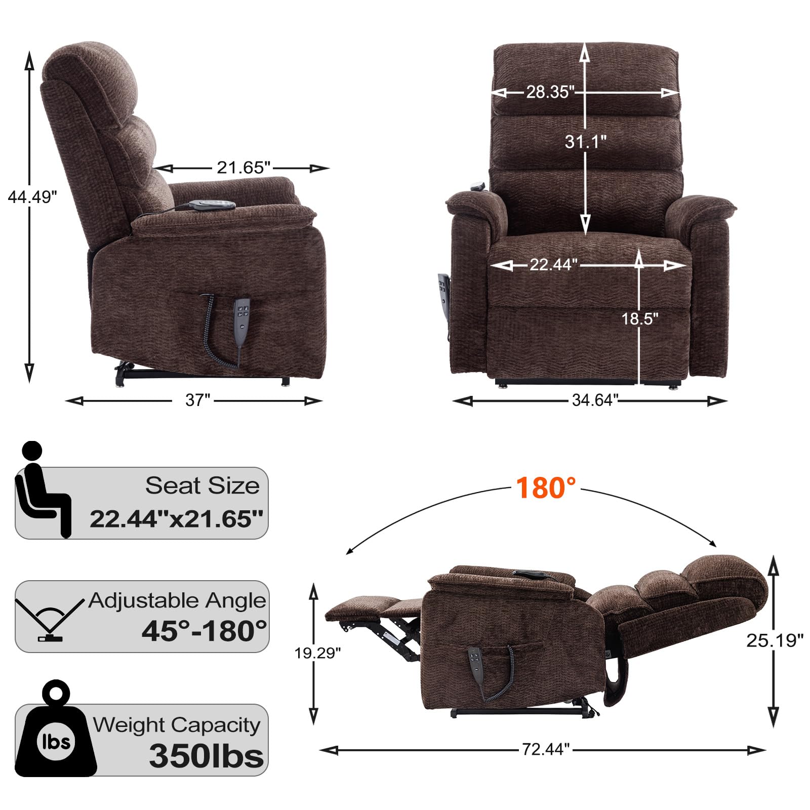 cinkehome Small Lay Flat Power Lift Recliner with Massage Heat, Dual Motor Power Lift Chairs Recliner for Elderly, Infinite Position, High Back, Remote Control