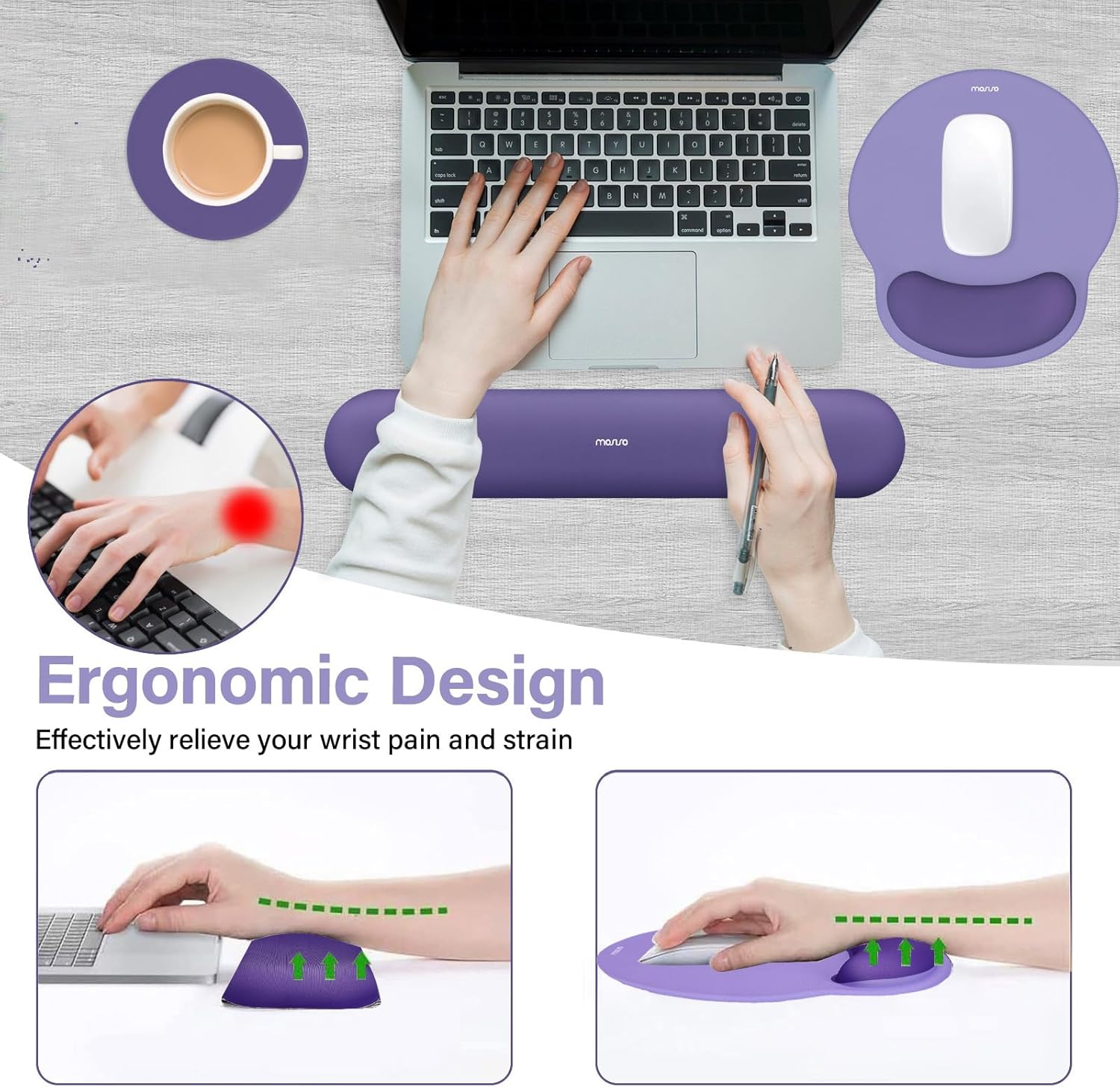 MOSISO Circle Curved Wrist Rest Support for Mouse Pad&Keyboard Set&Compatible with MacBook Air 13 inch Case 2024-2022 M3 M2, Case&Sleeve Bag&Keyboard Skin&Webcam Cover&Screen Film, Imperial Purple