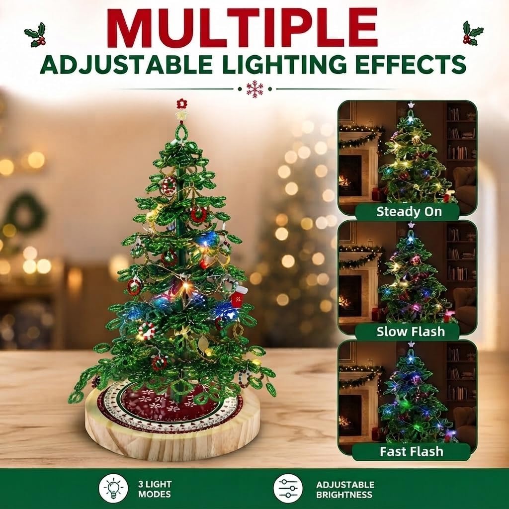 DIY Beaded Christmas Tree Kit with Colorful Light, Bead Craft Set for Adult