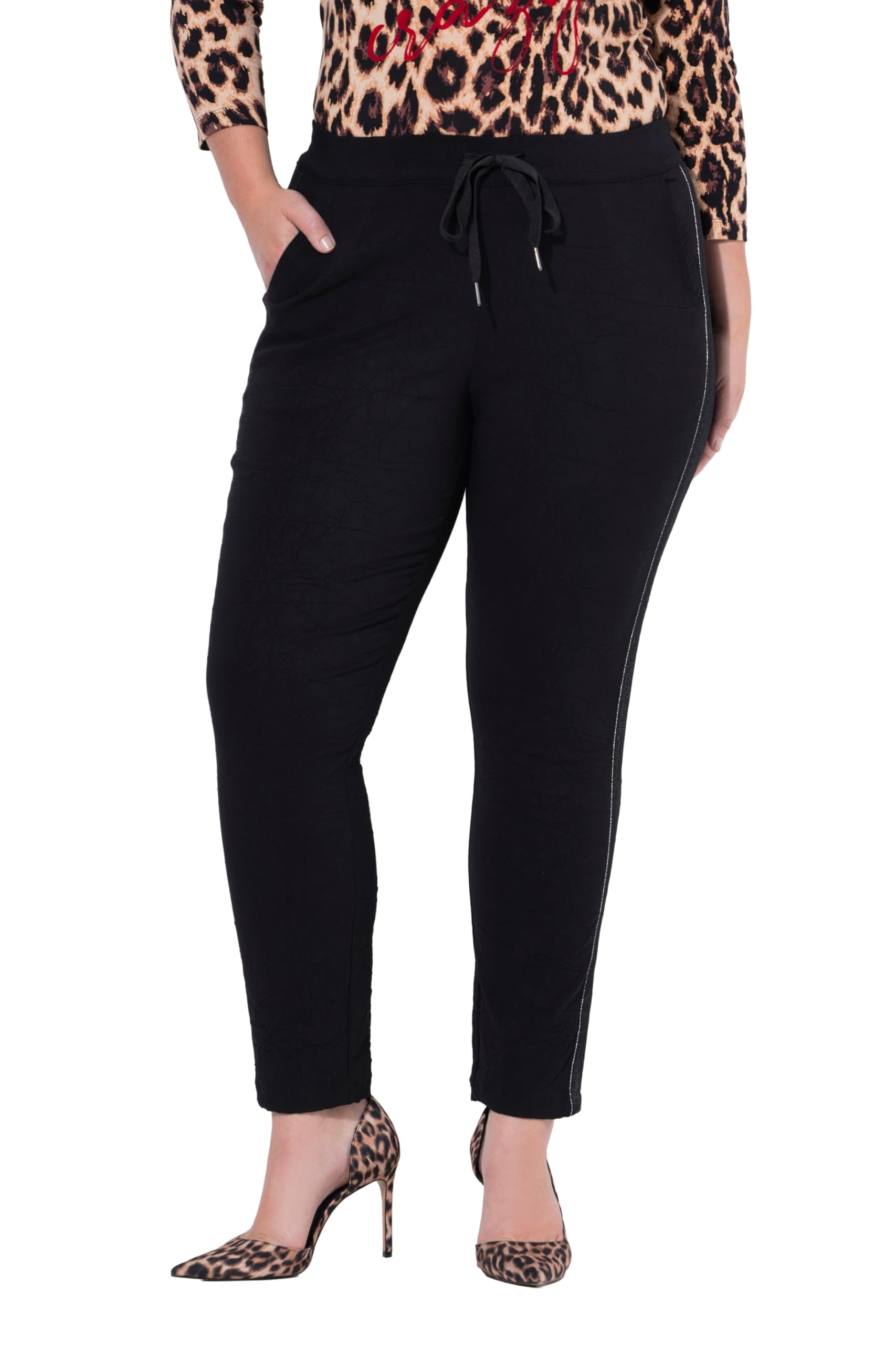 MIAMODA Damen große Größen Übergrößen Plus Size Crinkle-Hose, Glitzer-Seitenstreifen, Elastikbund 837464
