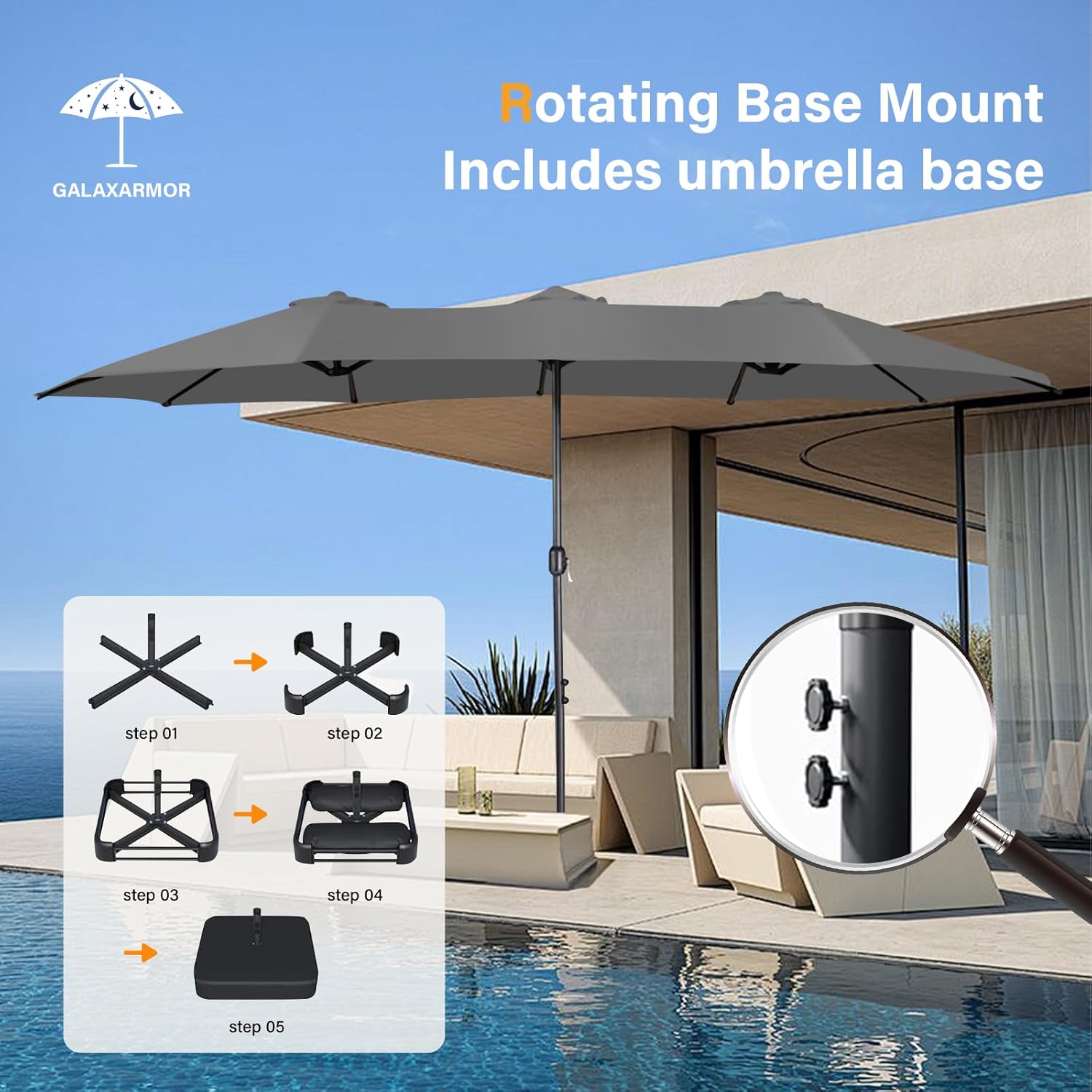 15ft Large Patio Umbrellas with Base Included, Outdoor Double-Sided Rectangle Market Umbrella with Stand, Outside Umbrellas for Poolside Lawn Backyard