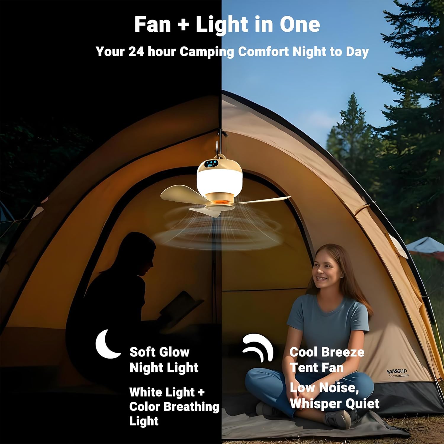 Camping Fan with Light & Remote, Portable Ceiling Fan for Tents, Canopy, Beach, RV, Car, Camper & Outdoor, Wireless Rechargeable Hanging Pop up Tent Fan - 3 Speed Breeze & Timer, 10.63 Inch