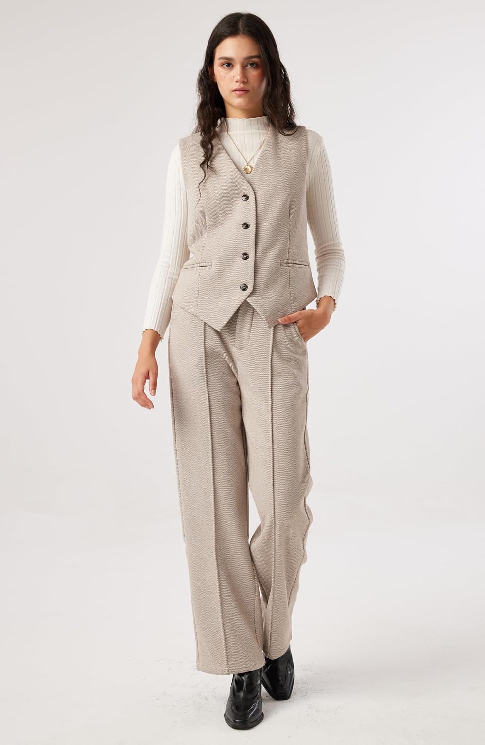 Women's 2 Piece Outfits Wool Blend Vest Waistcoat Dressy Casual Sets Winter Thick Pants Suits
