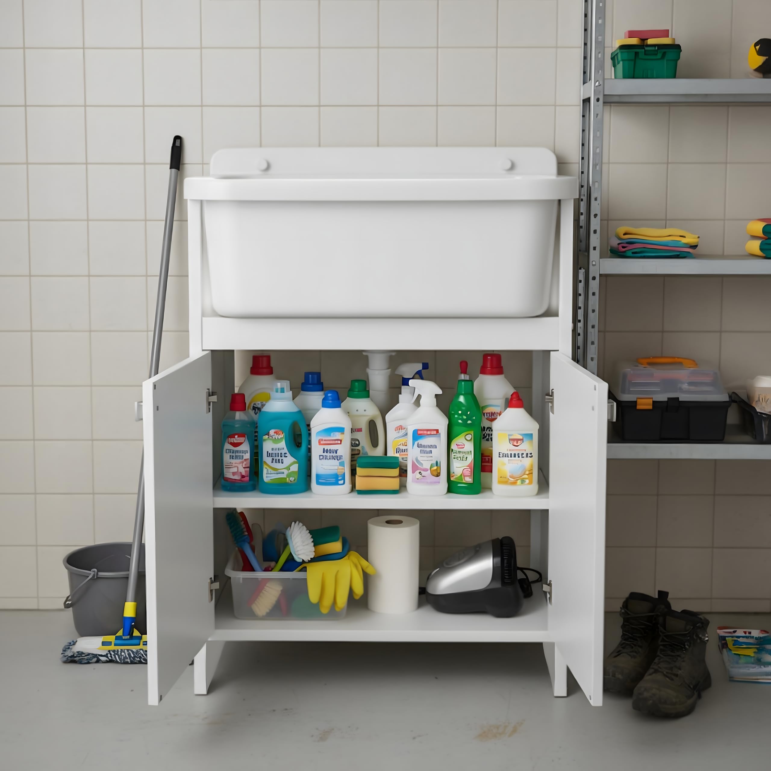 SIGO Waschbecken mit Unterschrank - Spülschrank mit Spüle - Spülbecken Weiß 2 Türen 55x35x78 cm Komplettspüle - Waschbeckenunterschrank - Gartenschrank - Outdoorküche - Waschküche