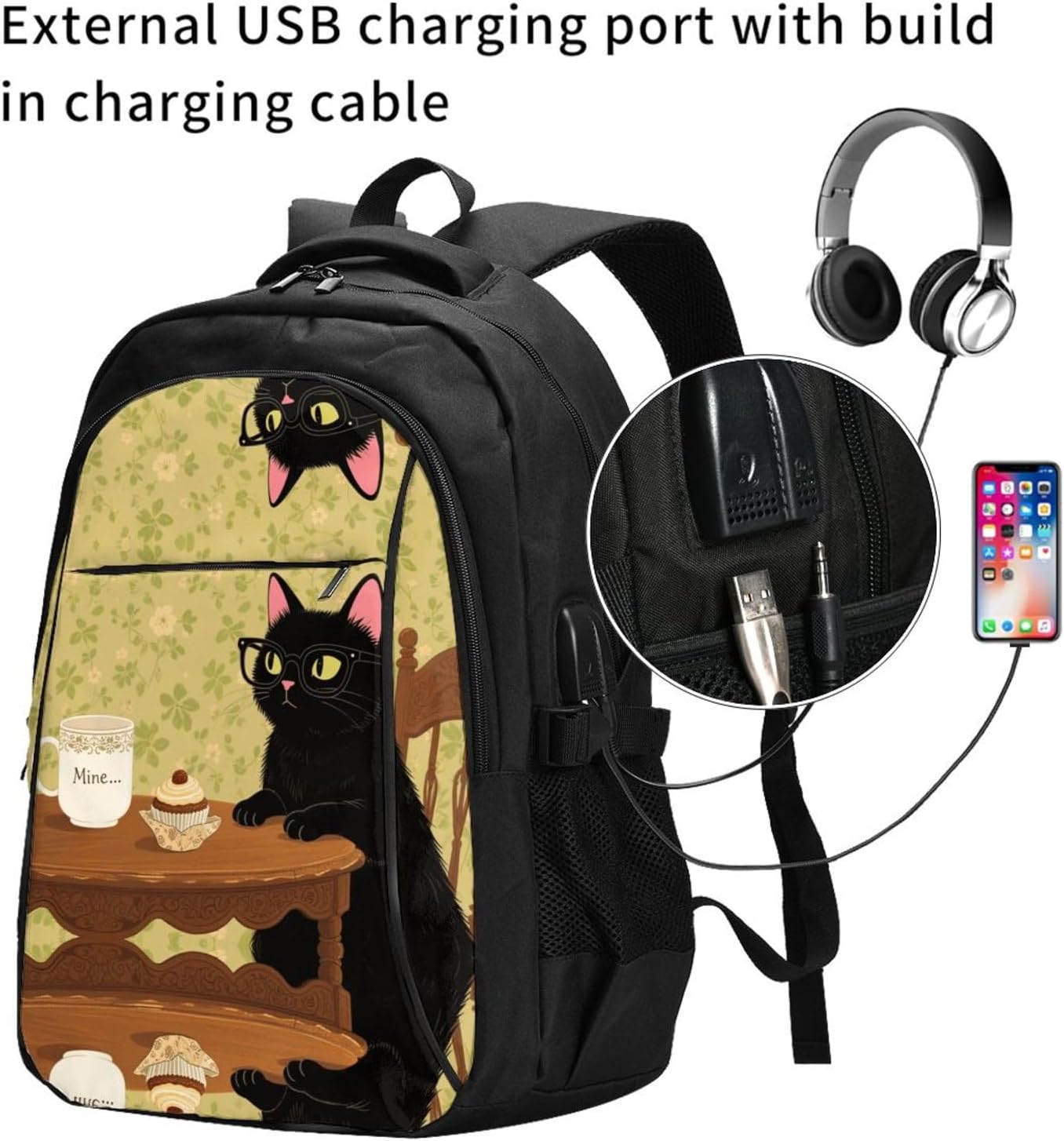 Travel Laptop Backpack Business Backpack for Men Women Retro Cat Travel Backpack with USB Charging Port image 2