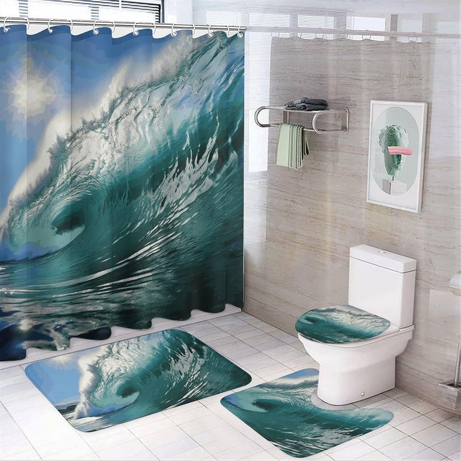 Big Ocean Wave Shower Curtains Set 4 Piece with Non-Slip Rugs, Toilet Lid Cover and Bath Mat Soft Bathroom Carpet Waterproof Bathroom Curtain with 12 Hooks for Bathroom Decor