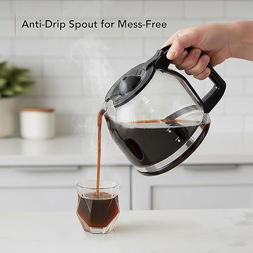 Miniatura 4 de OVENTE Cafetera de goteo de 12 tazas con jarra de vidrio de borosilicato, máquina de operación de un solo toque, sistema antigoteo, filtro